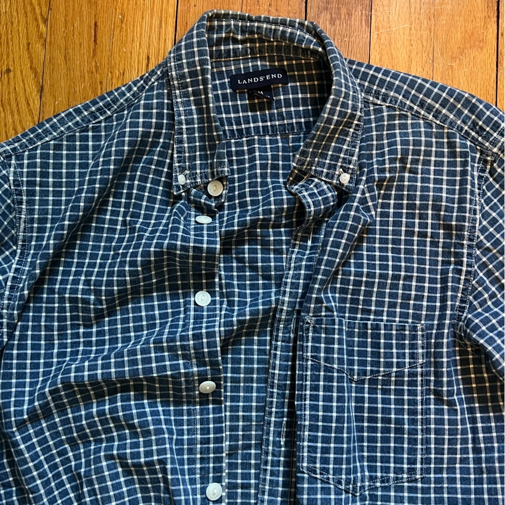 Lands End blue and white dress shirt